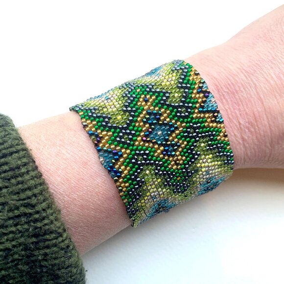 Handmade Wide Seed-Bead Cuff Bracelet with Geometric Design - Picture 1 of 7